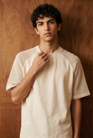 Relaxed Crochet Sleeve Raglan Tee in Cream