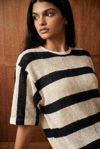 Relaxed Crochet Striped Tee in Black