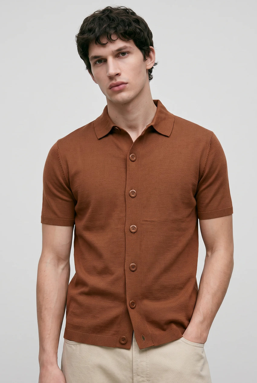 Knitted Button-Up Polo in Rust Orange SHIRT ATTIR-MEN