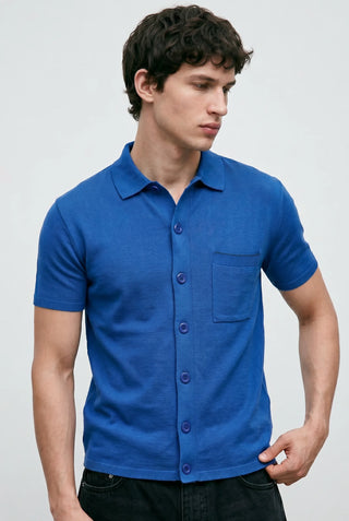 Knitted Button-Up Polo in Deep Blue