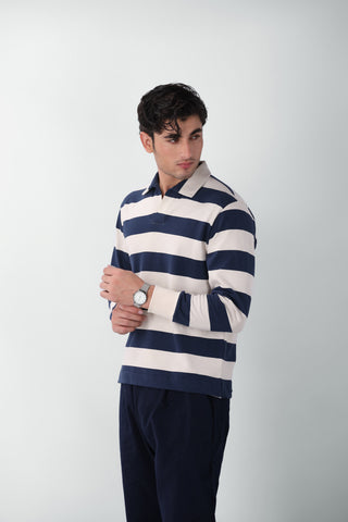 Striped Revere Collar Polo Jumper in Blue