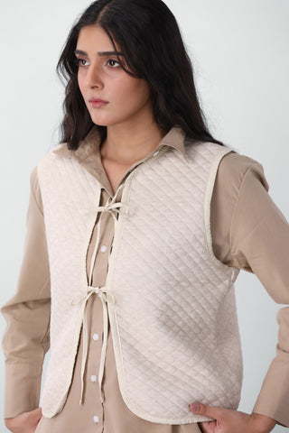 Quilted Gillet with Tie Detail in Cream