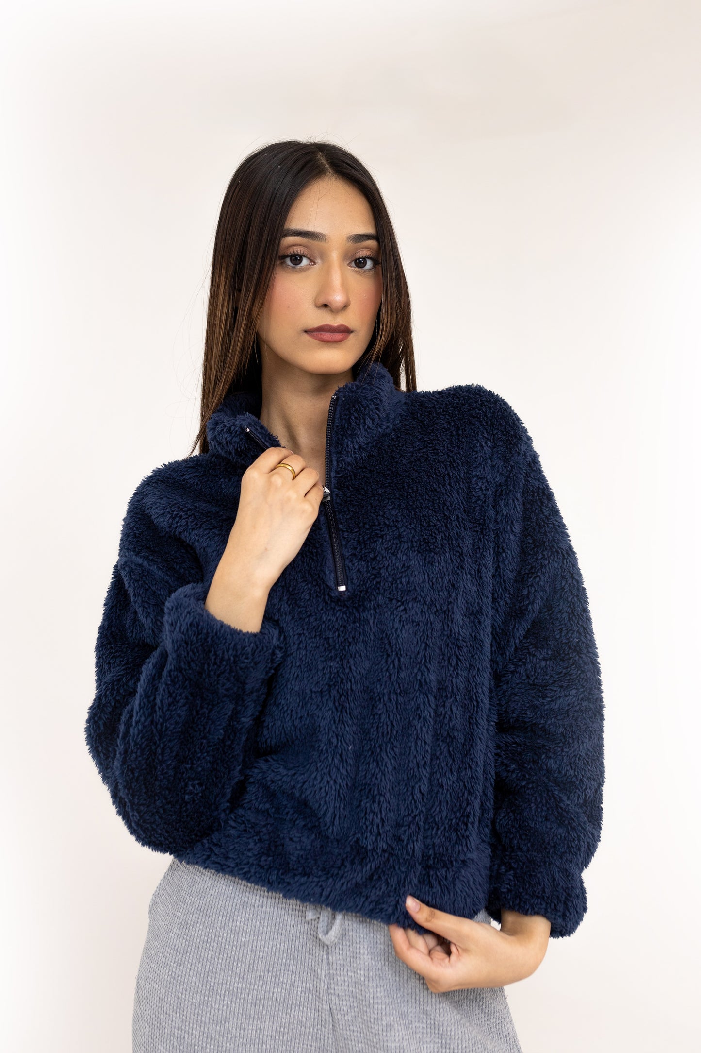 Teddy Fur Q-zip Jumper in Navy