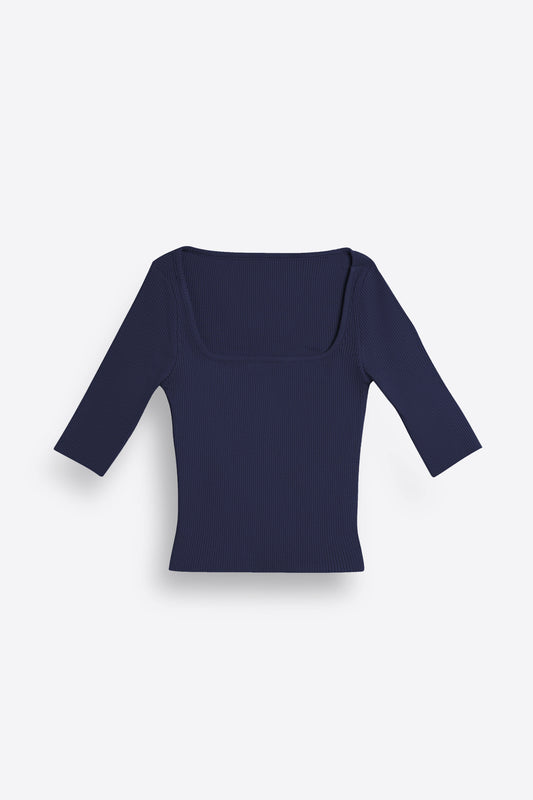 Ribbed Square Neck Top in Deep Blue