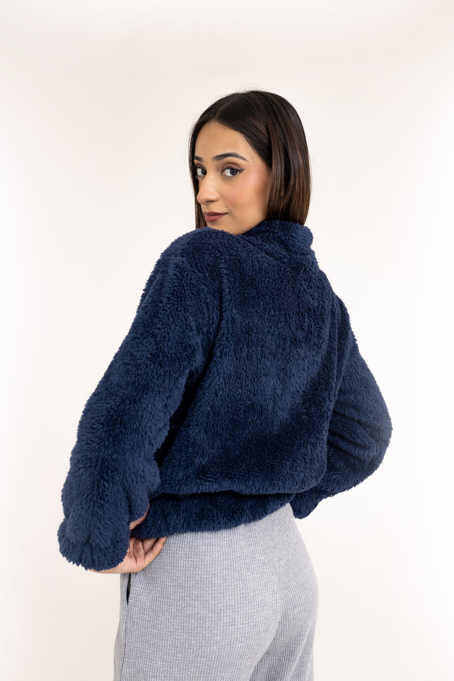 Teddy Fur Q-zip Jumper in Navy