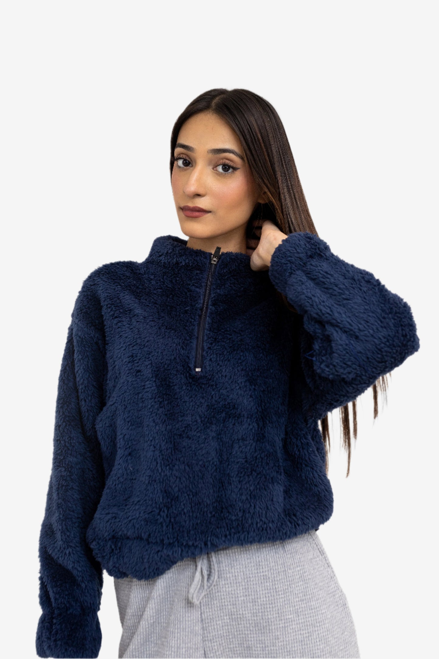 Teddy Fur Q-zip Jumper in Navy