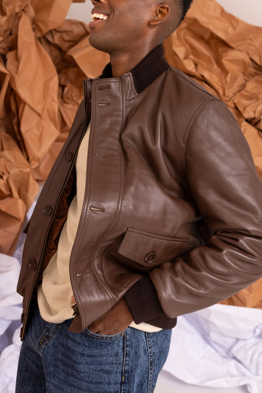 Leather Harrington Jacket in Brown