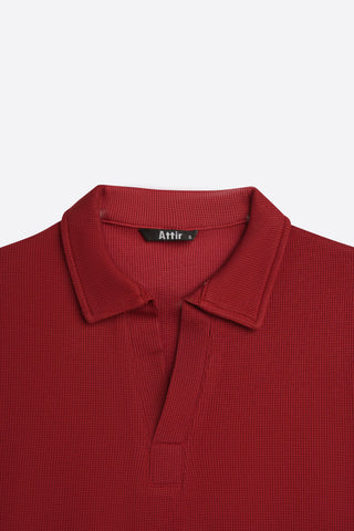 Waffle-Knit Revere Polo Shirt in Blood Red