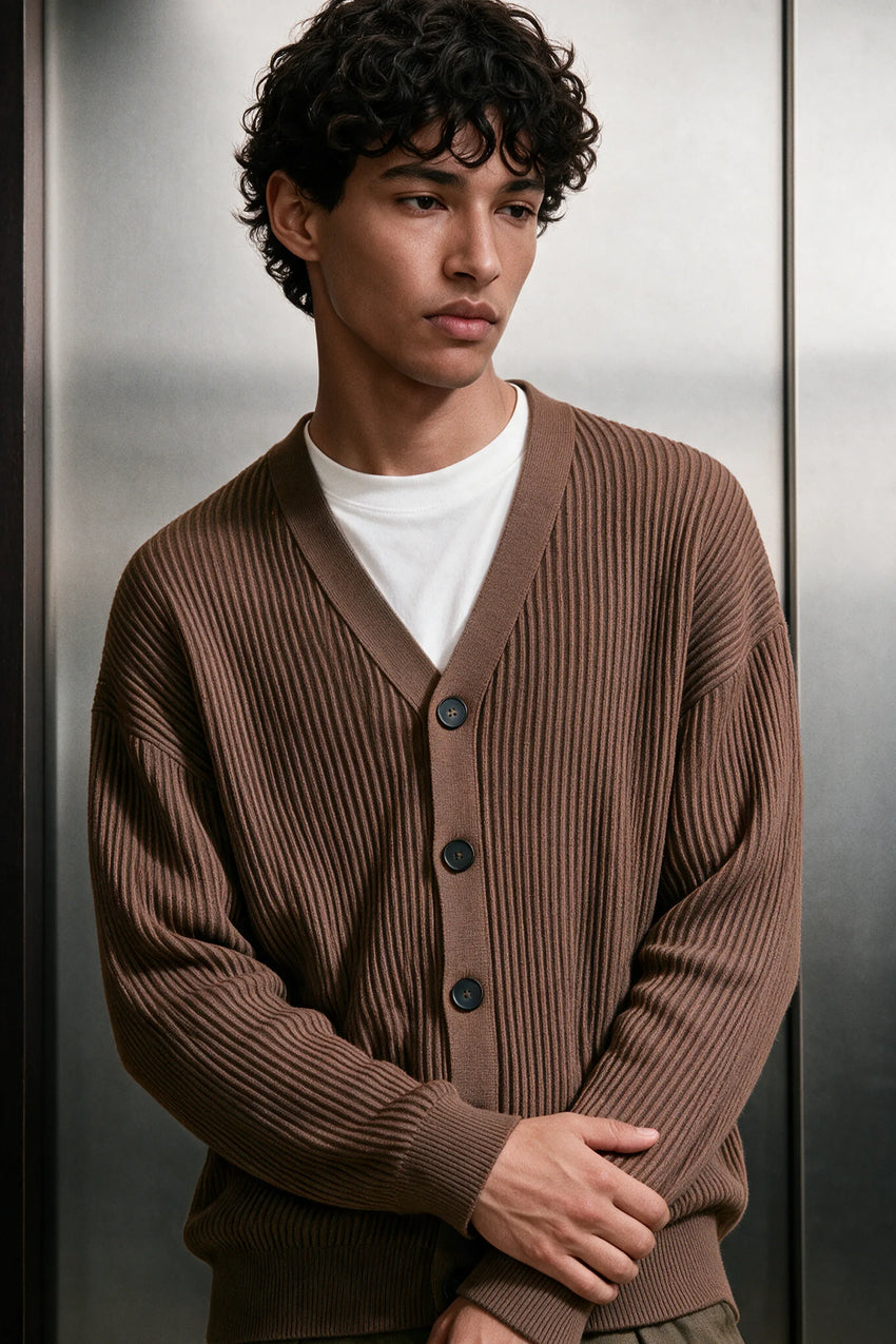 Rib-Knit Cardigan Sweater / BROWN CARDIGAN ATTIR-UNISEX
