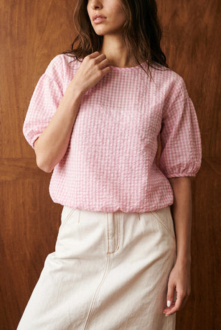 Seersucker Volume Blouse in Pink Check