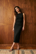 Boat Neck Dress with Ruched Sides in Black DRESS ATTIR-WOMEN