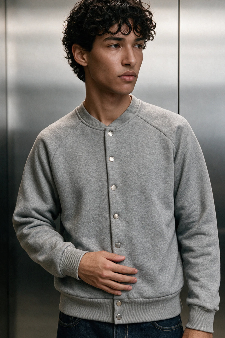 Structured Fleece Button-Up Jacket / HEATHER GREY