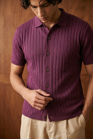 Tuck-Knit Button-Up Polo in Plum