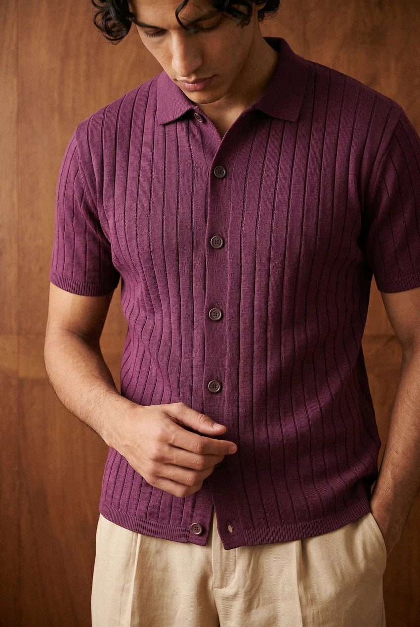 Tuck-Knit Button-Up Polo in Plum SHIRT ATTIR-MEN