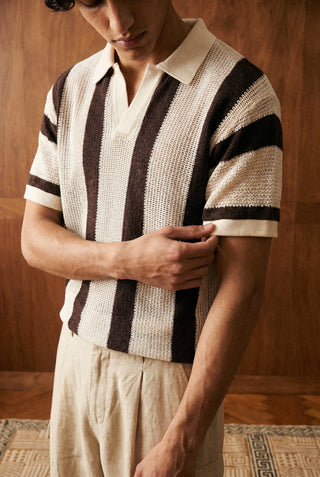 Crochet Johnny Collar Striped Polo in Mocha