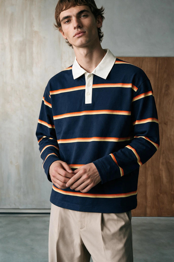 Striped Polo Shirt with Contrast Detail /  NAVY STRIPES