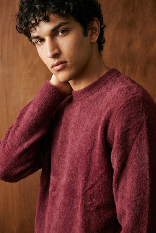 Furry Crew Neck Knitted Jumper in Burgundy
