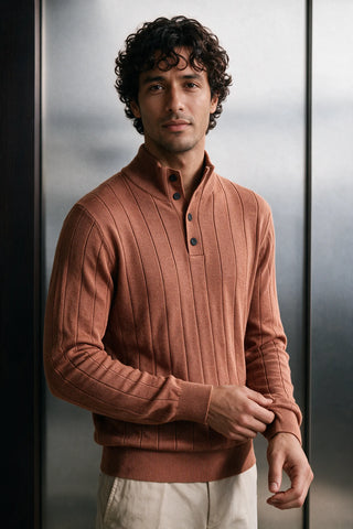 Mock-Neck Button Up Sweater / MELANGE BROWN SWEATER ATTIR-MEN