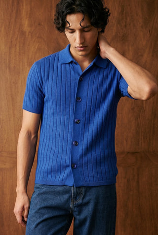 Tuck-Knit Button-Up Polo in Deep Blue