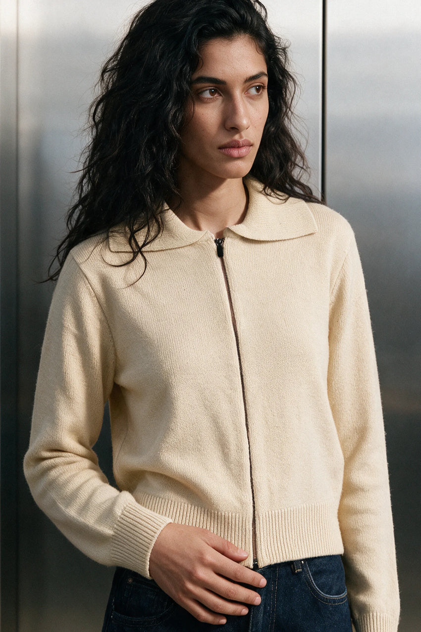 Zip Up Knitted Jumper / BEIGE SWEATER ATTIR-WOMEN