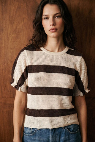 Crochet Puff Sleeve Striped Tee in Mocha