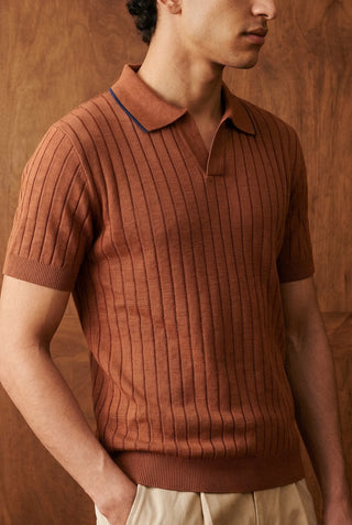 Tuck-Knit Polo Shirt in Rust Orange