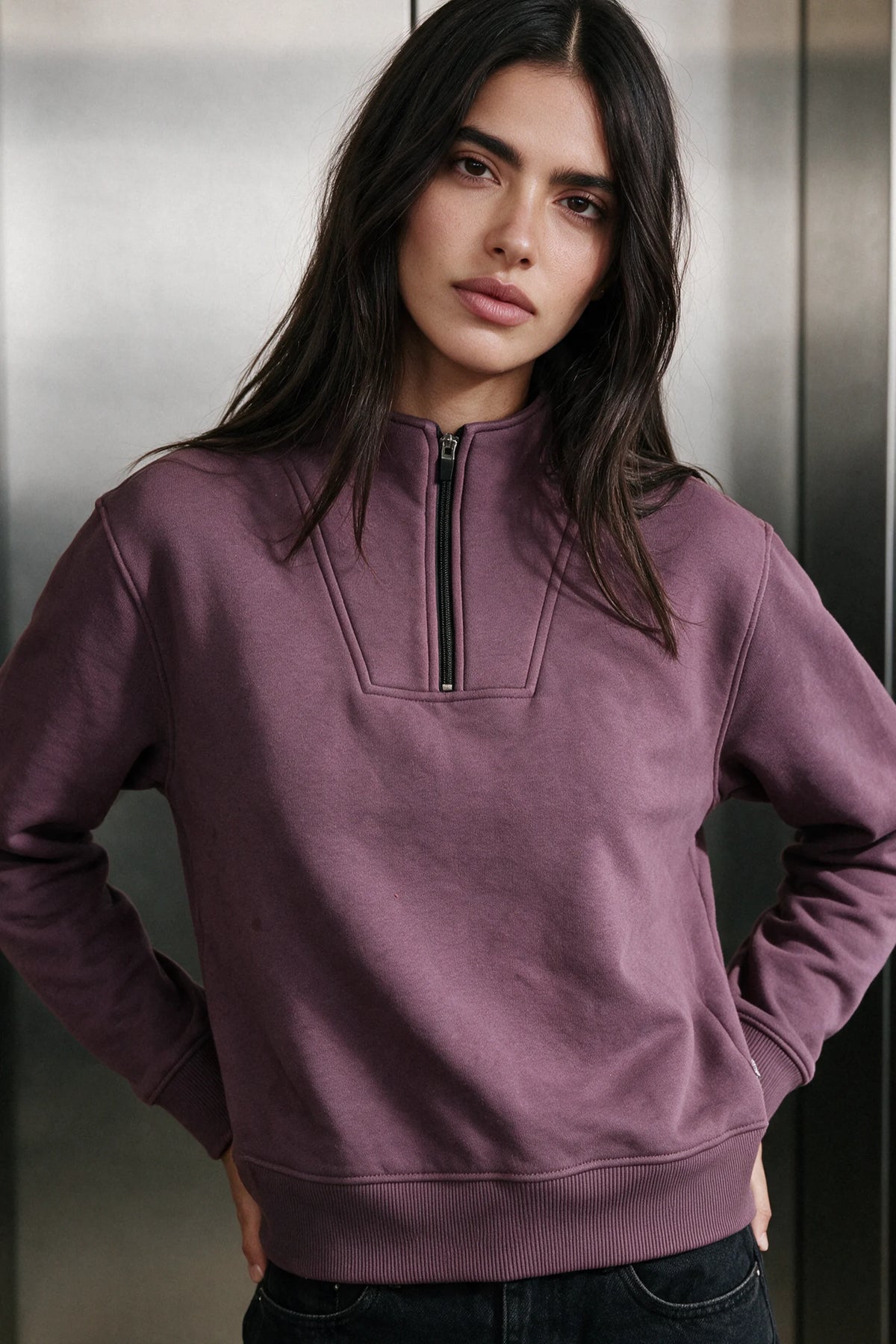 Q-Zip Mock Neck Jumper / PLUM SWEATSHIRT ATTIR-WOMEN