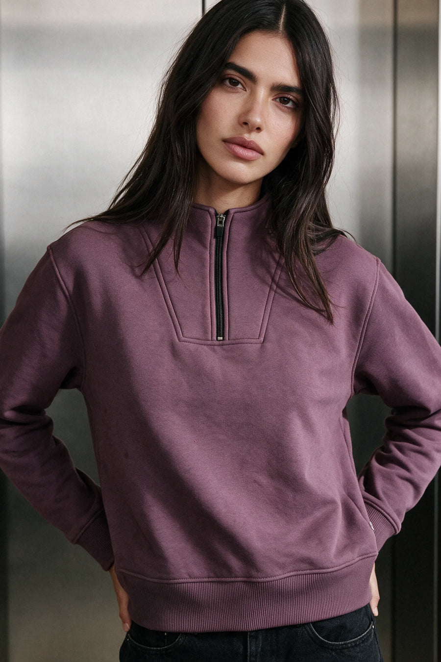 Q-Zip Mock Neck Jumper / PLUM