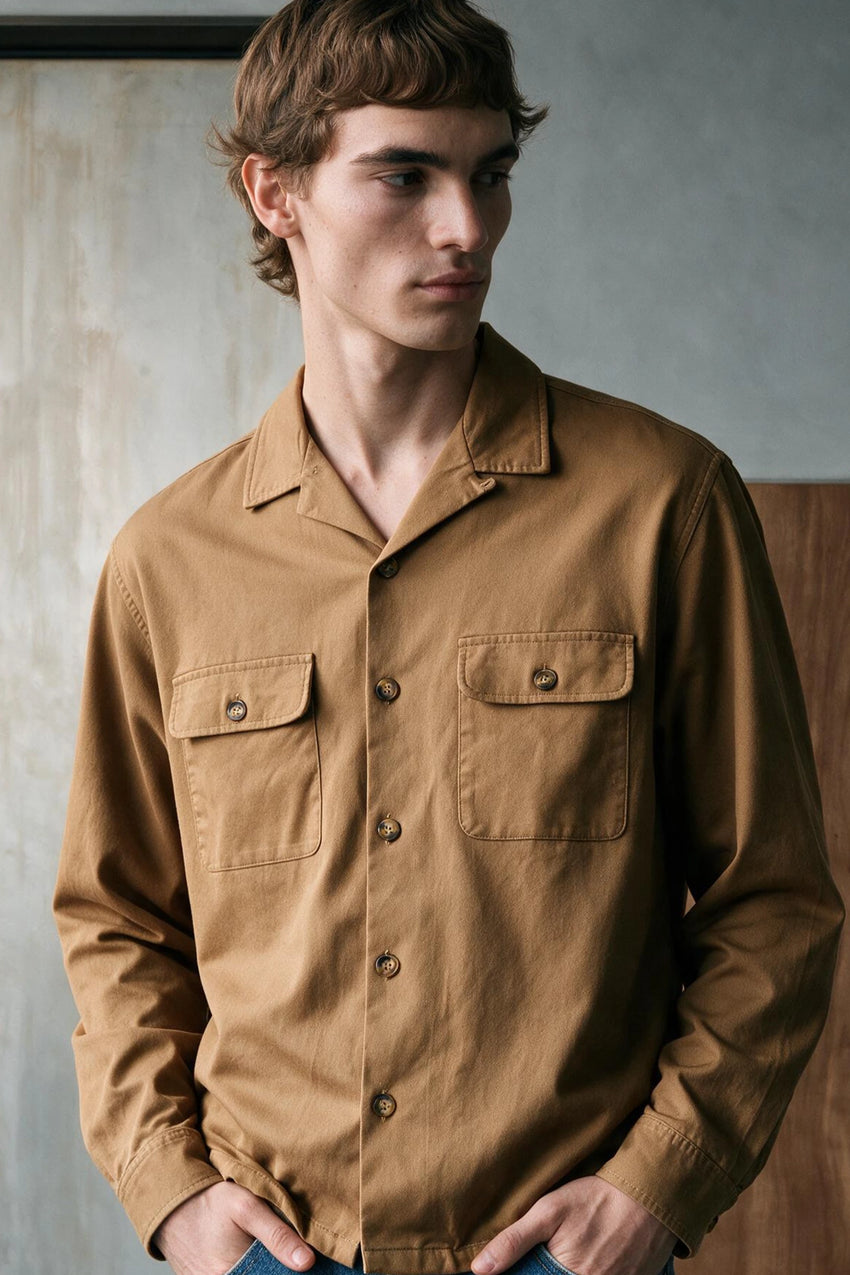 Camp Collar Twill Shacket / BROWN OVERSHIRT ATTIR-MEN