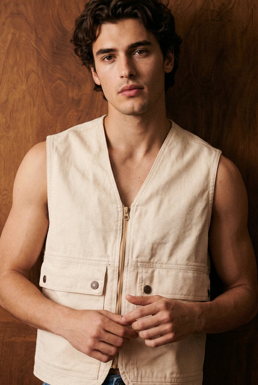 Pocket-detail Utility Vest in Light Beige
