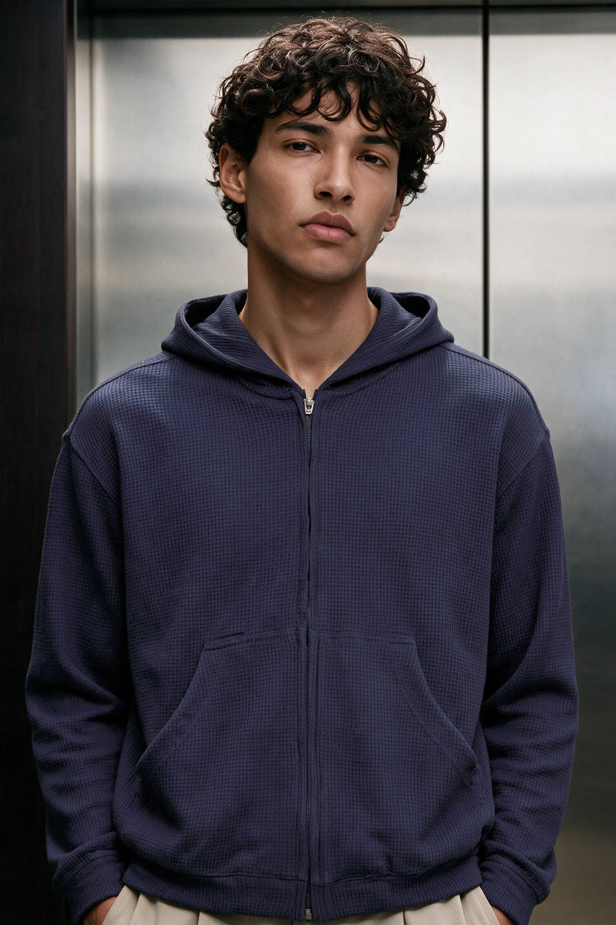 Waffle Zipper Hoodie /  NAVY