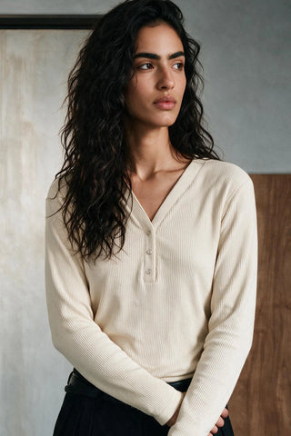 Long Sleeve V-neck Henley HENLEY ATTIR-WOMEN