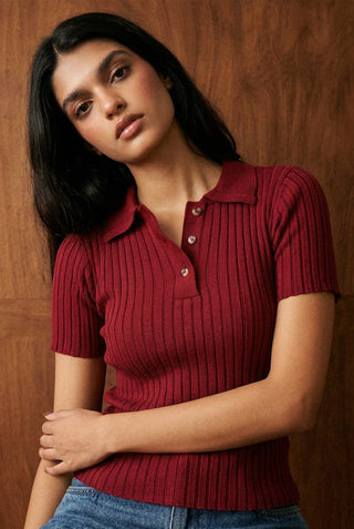 Rib-Knit Polo Top in Deep Maroon