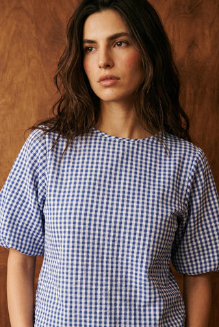Seersucker Volume Blouse in Blue Check