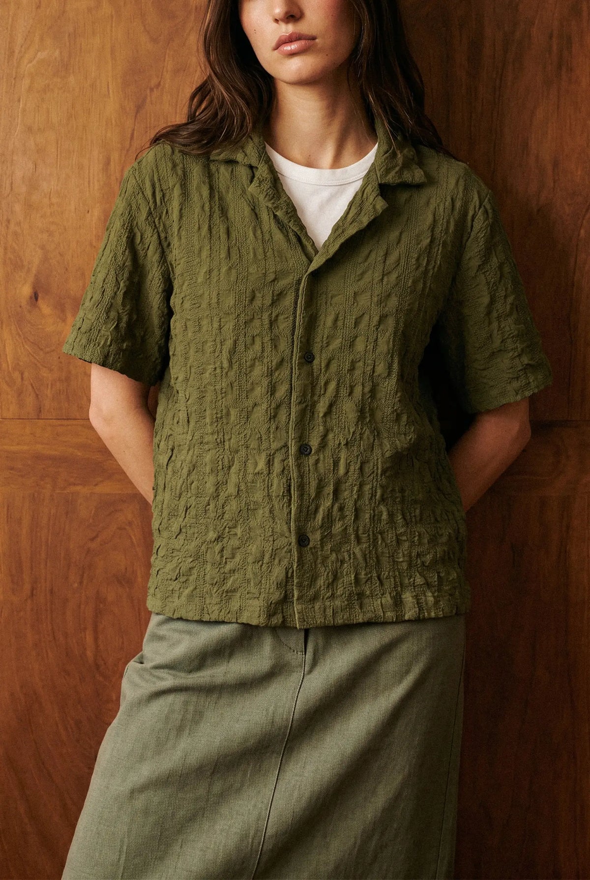 Creased Camp Collar Shirt in Olive SHIRT ATTIR-WOMEN