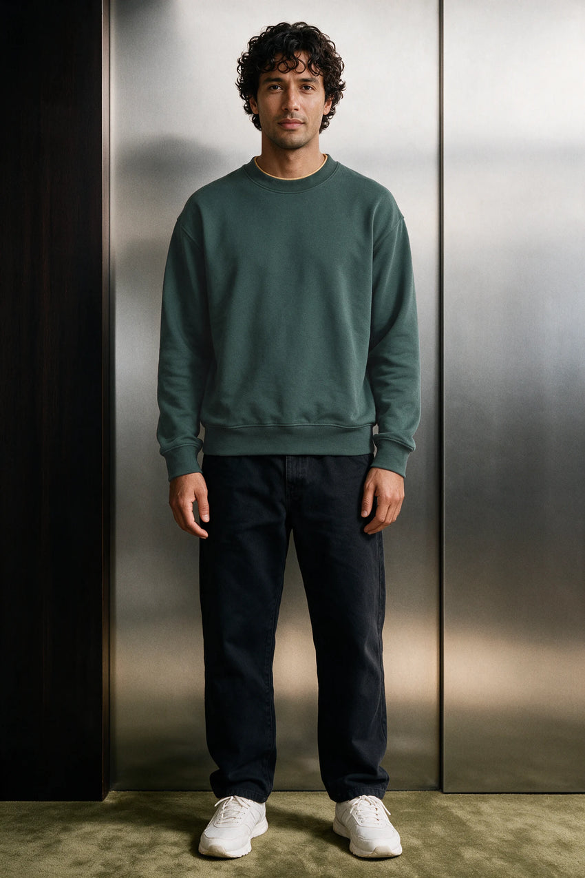 Neck Detail Fleece Sweatshirt / GREEN SWEATSHIRT ATTIR-UNISEX