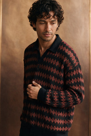 Crochet Knit Polo Shirt / BROWN POLO ATTIR-MEN