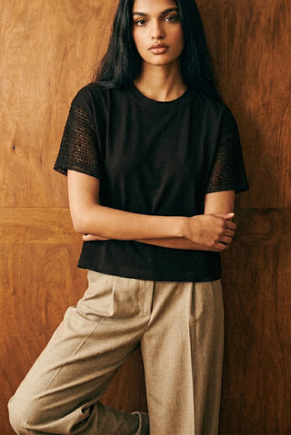 Crochet Detail Boxy Tee in Black