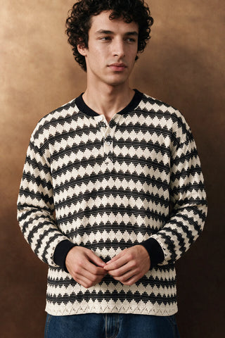 Crochet Knit Henley Shirt / OFF WHITE HENLEY ATTIR-MEN