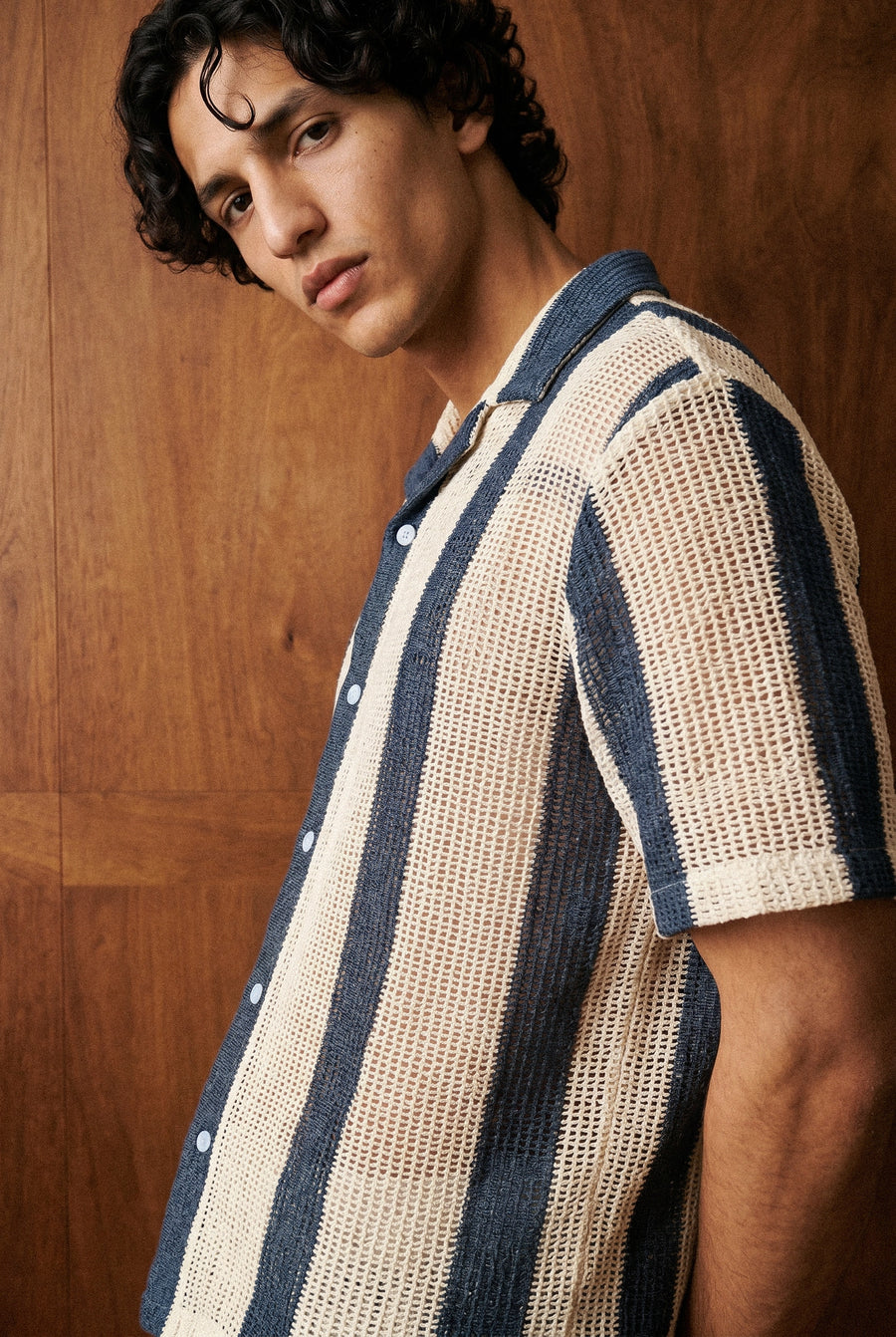 Relaxed Crochet Resort Striped Shirt in Deep Blue