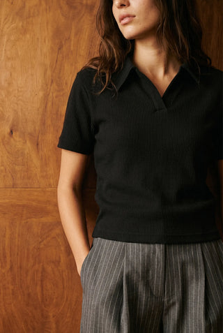 Waffle-Knit Polo Top in Black