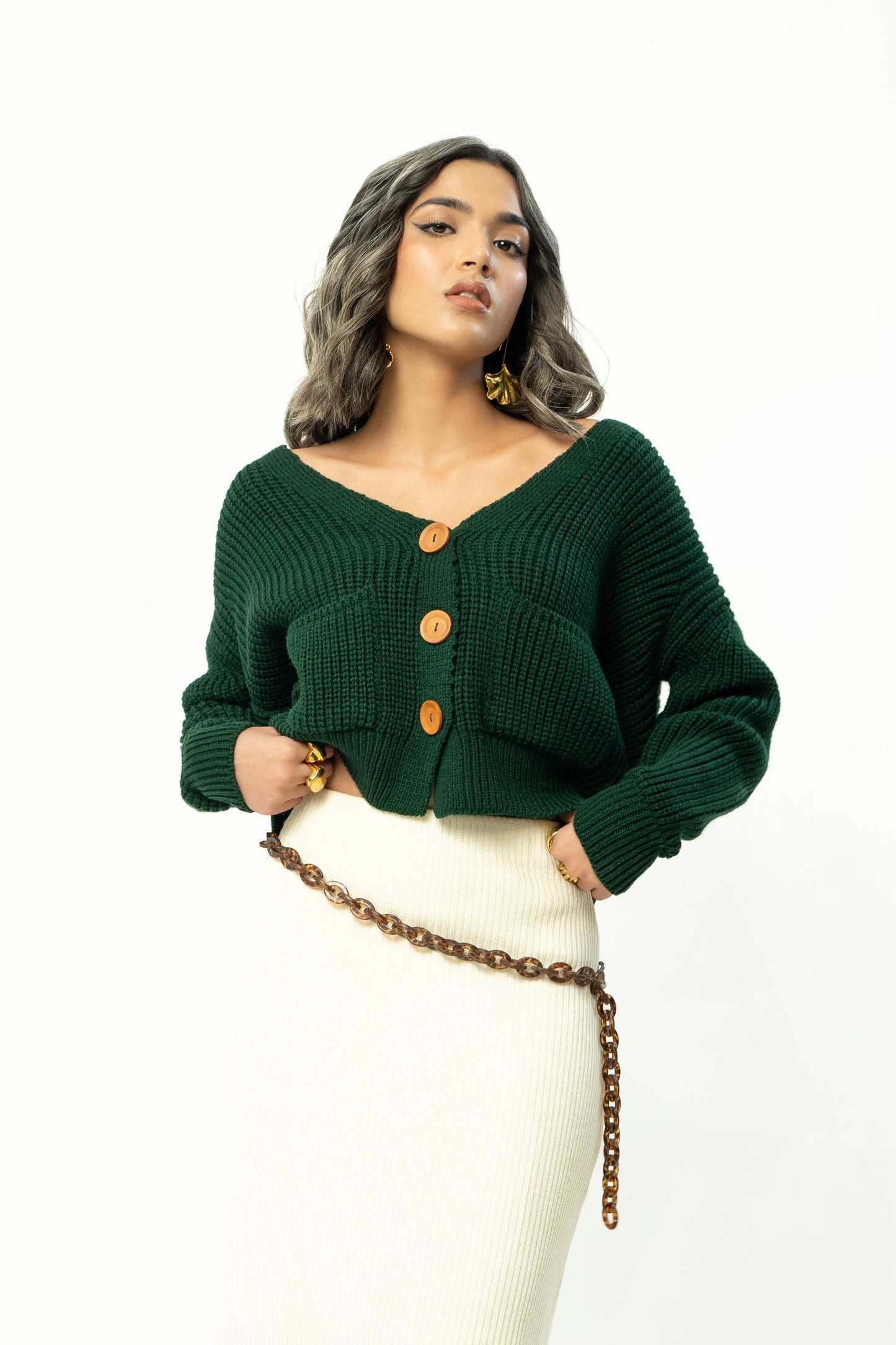 Fluffy Rib Knitted Cardigan in Green