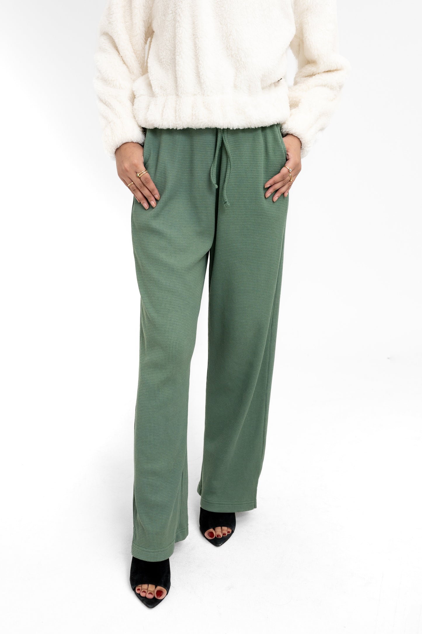 Waffle Textured Wide-leg Trouser in Pastel Green