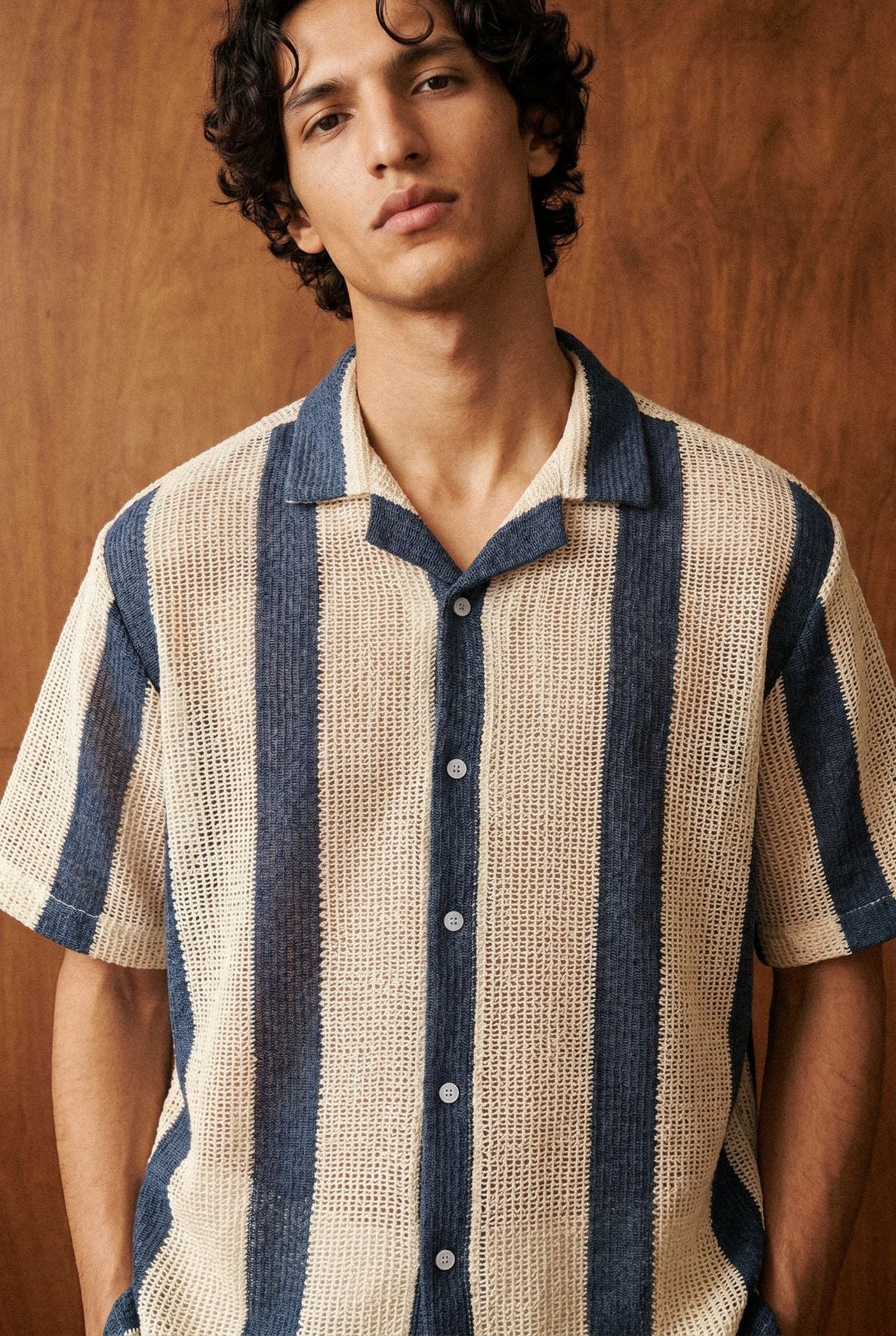 Relaxed Crochet Resort Striped Shirt in Deep Blue SHIRT ATTIR-UNISEX