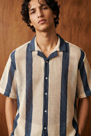 Relaxed Crochet Resort Striped Shirt in Deep Blue