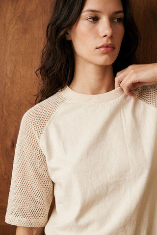 Relaxed Crochet Sleeve Raglan Tee in Cream