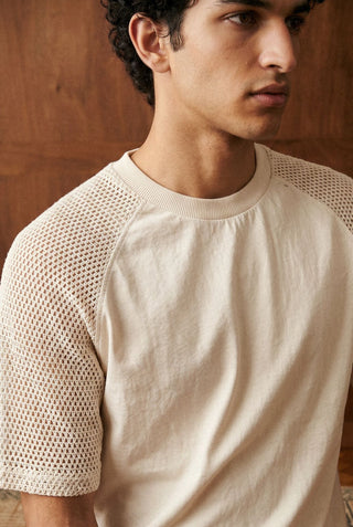 Relaxed Crochet Sleeve Raglan Tee in Cream