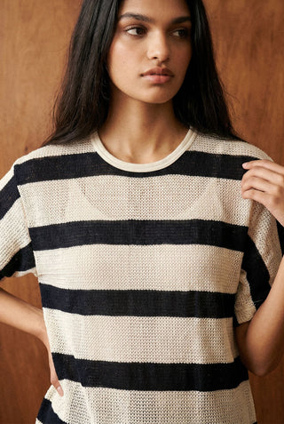 Relaxed Crochet Striped Tee in Black
