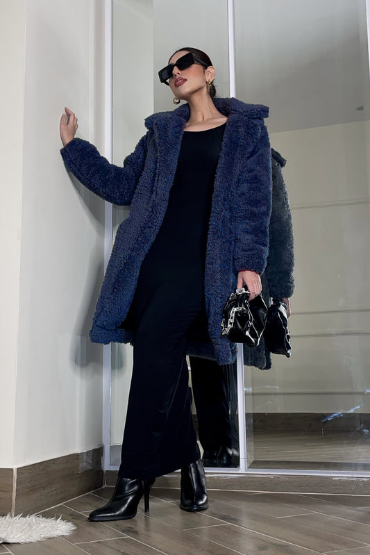 Fur Maxi Coat in Navy