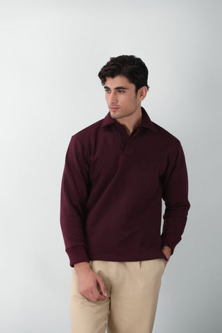 Cotton Polo Sweatshirt in Burgundy